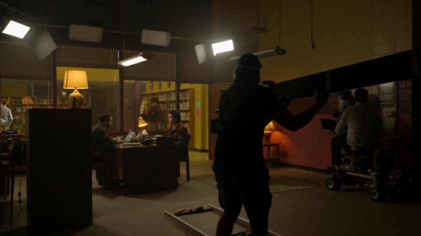 Behind-the-scenes shot of filming interiors of Coles Academic High School.