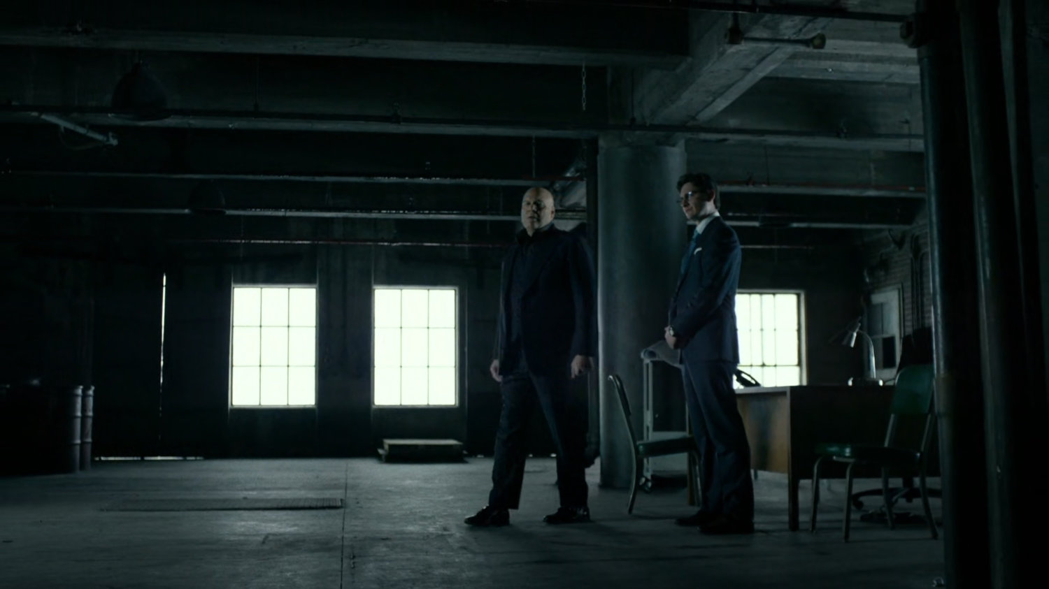 Fisk and Wesley inside warehouse at Pier 81.