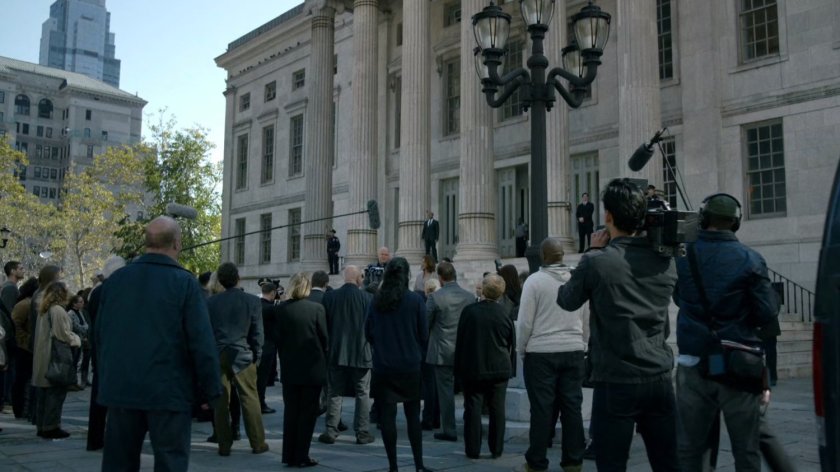 Wilson Fisk press conference at Borough Hall.