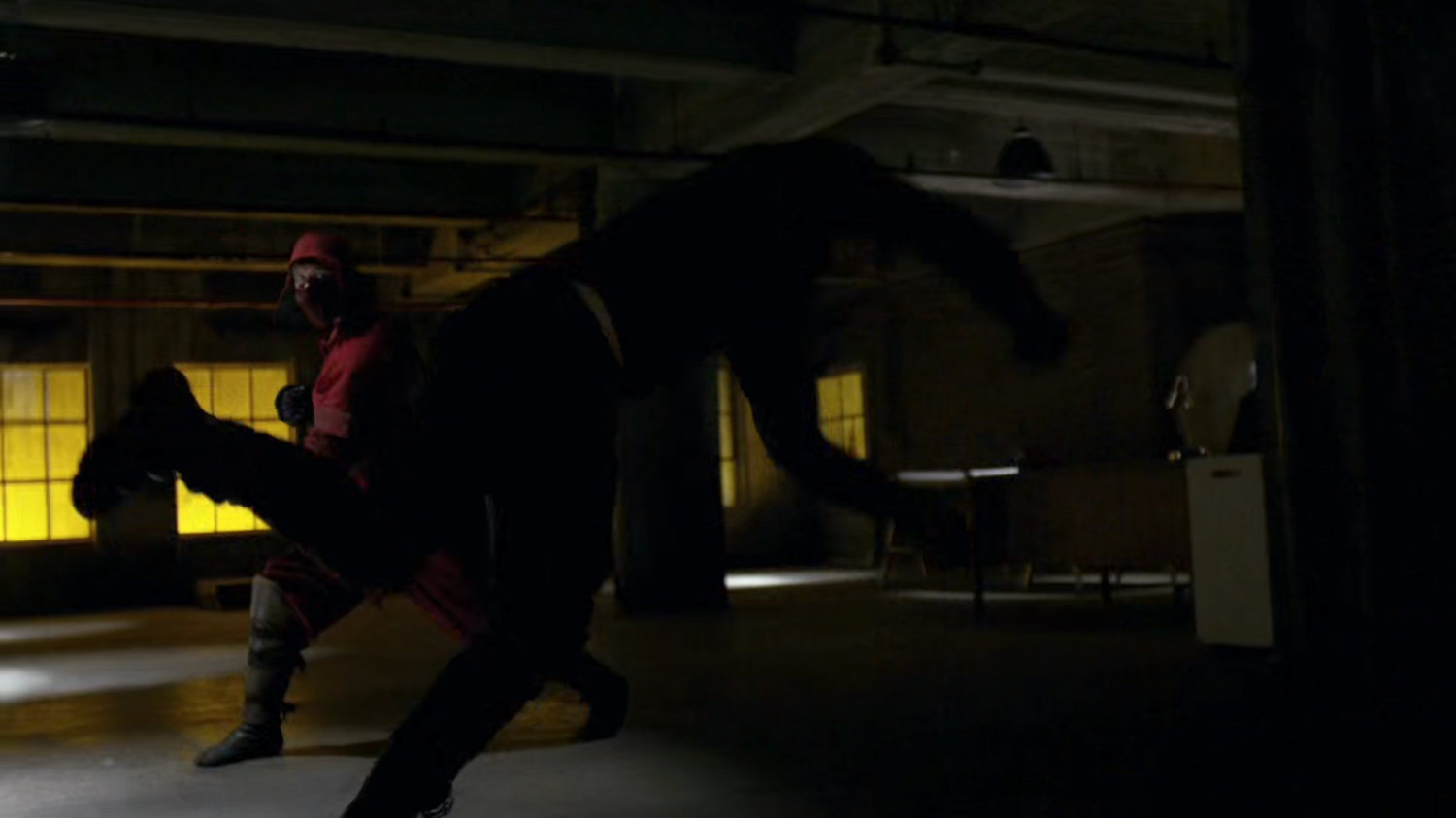 Nobu fights Daredevil inside warehouse at Pier 81.