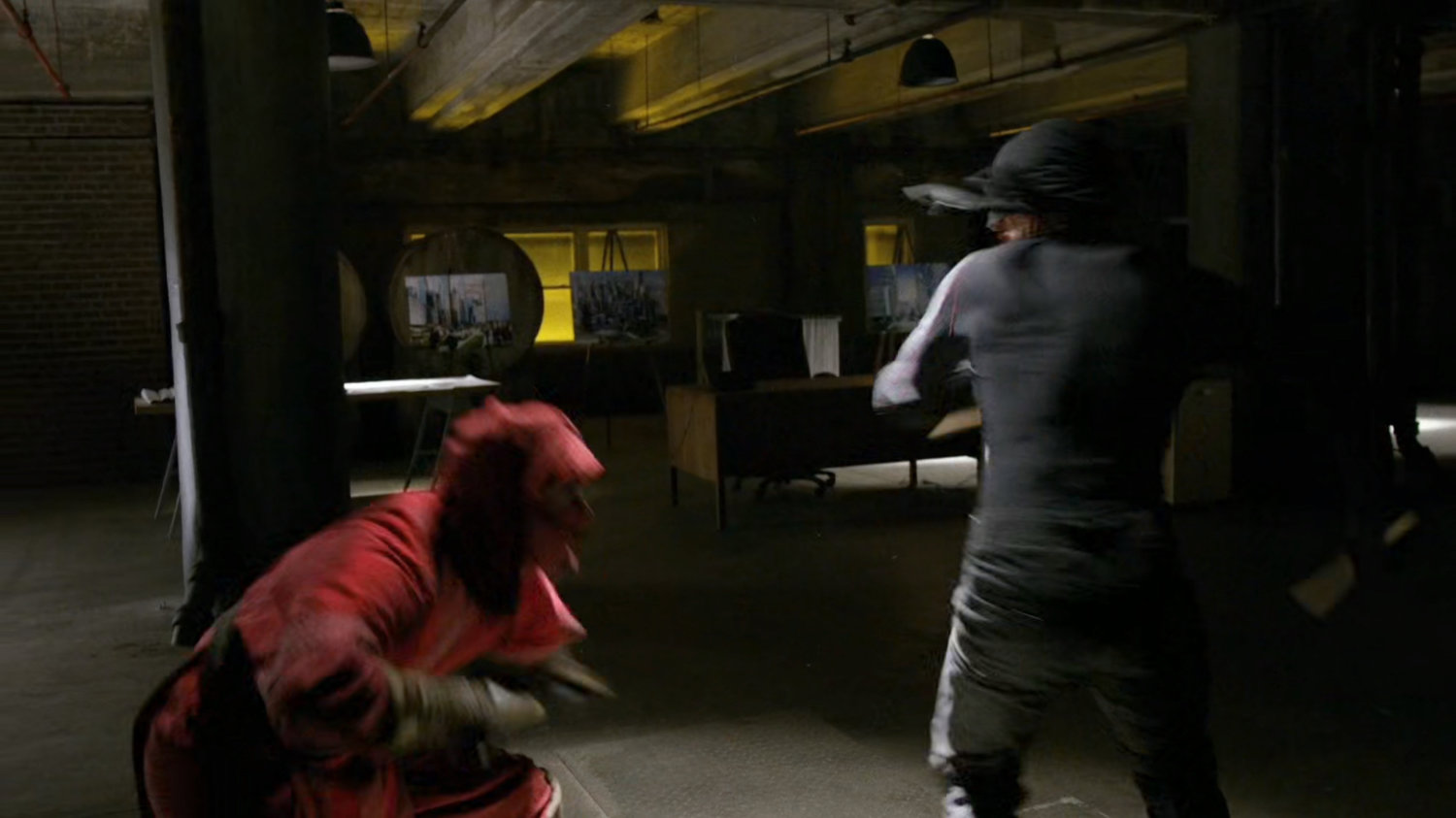 Nobu fights Daredevil inside warehouse at Pier 81.