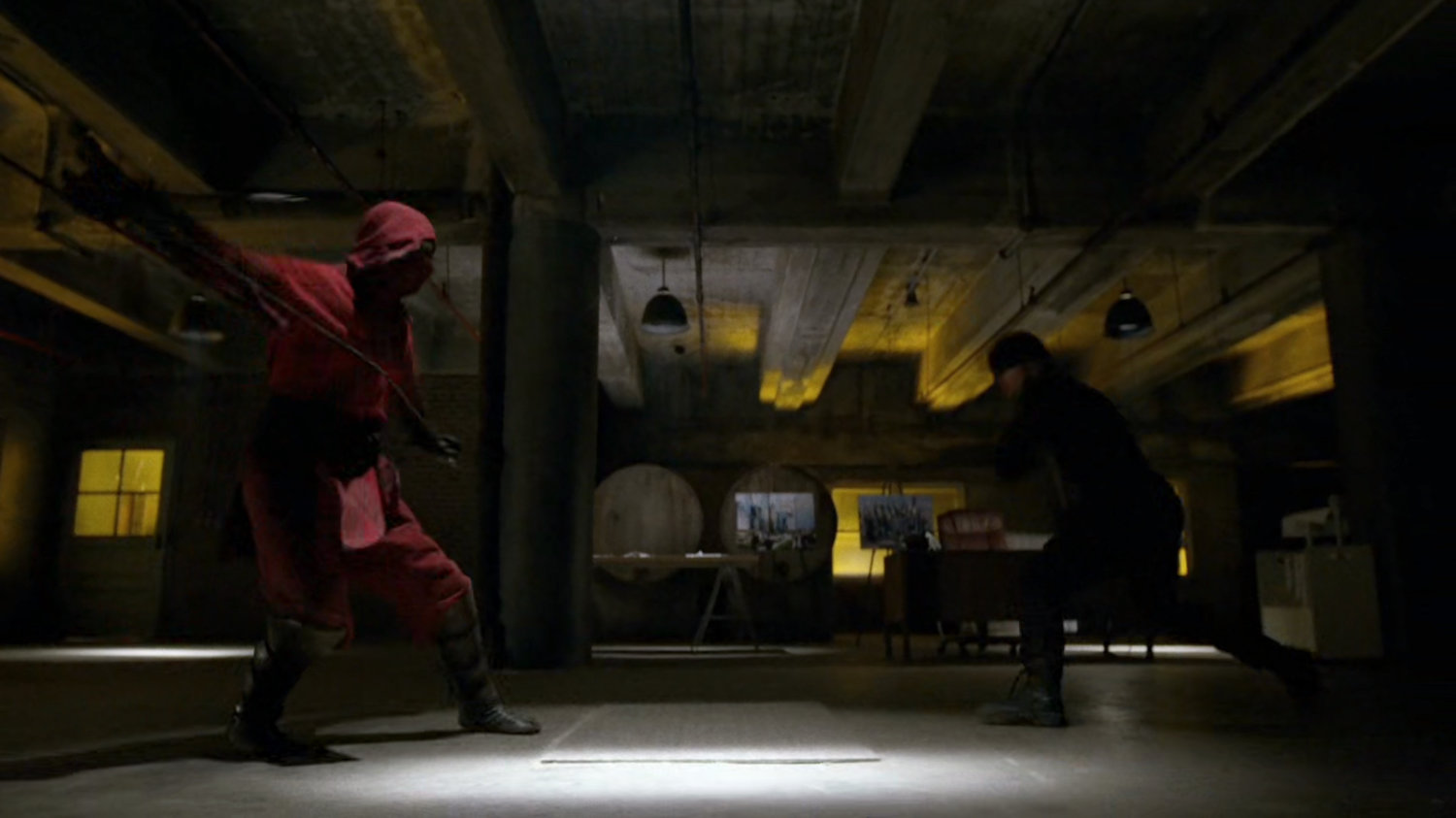Nobu fights Daredevil inside warehouse at Pier 81.