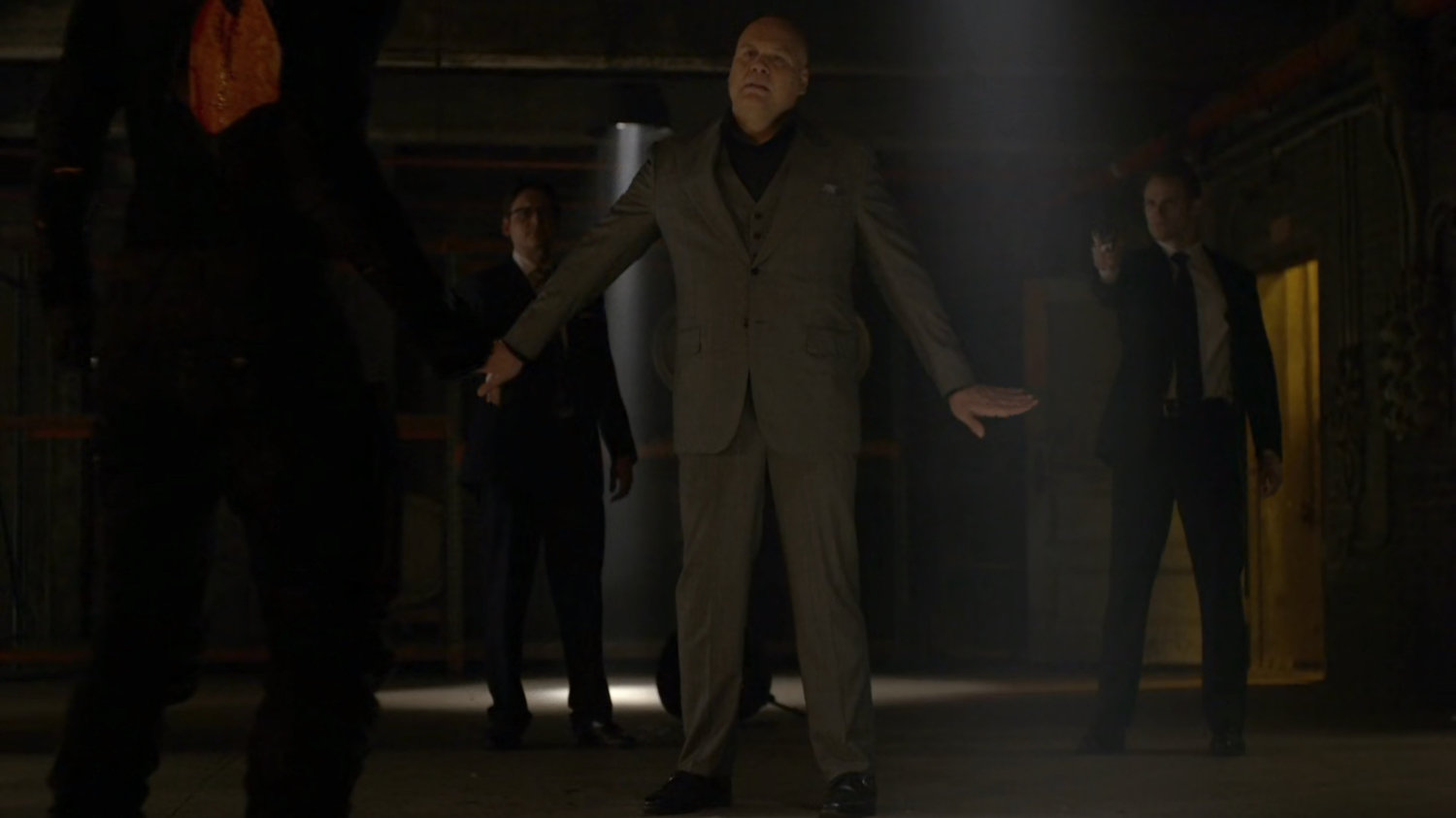 Fisk and his men confront Daredevil inside warehouse at Pier 81.