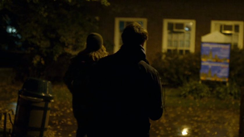 College-aged Matt and Foggy in college quad at night.