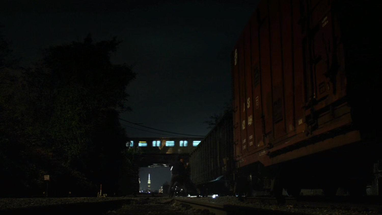 Railway yard at night.