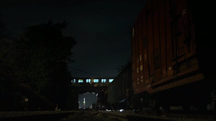 Railway yard at night.