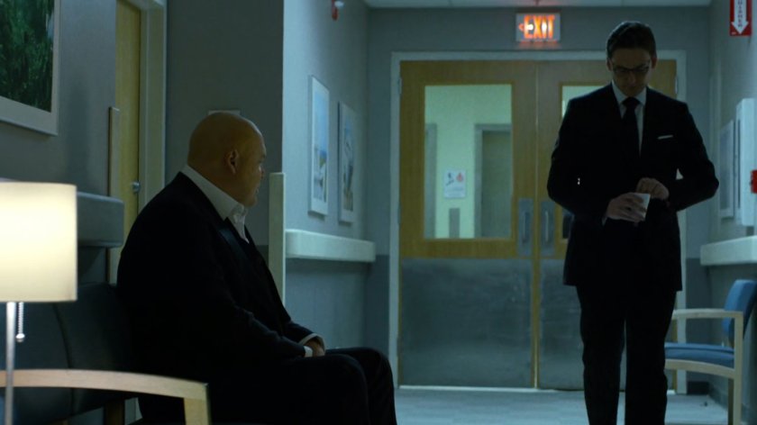 Wilson Fisk and Wesley in a Metro-General hospital hallway.