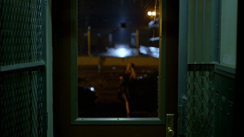 View from Karen's front door at night.