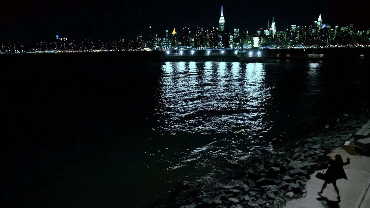 Karen throwing a fun into the East River at night.
