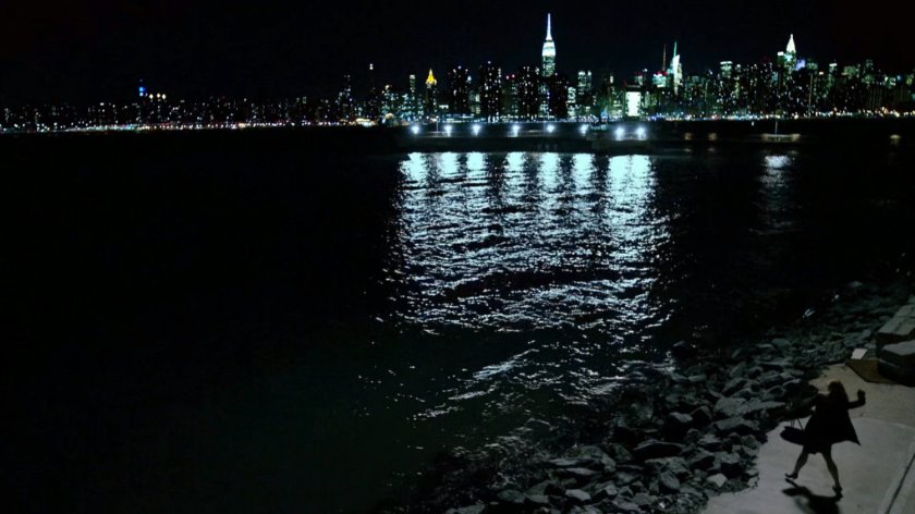 Karen throwing a fun into the East River at night.