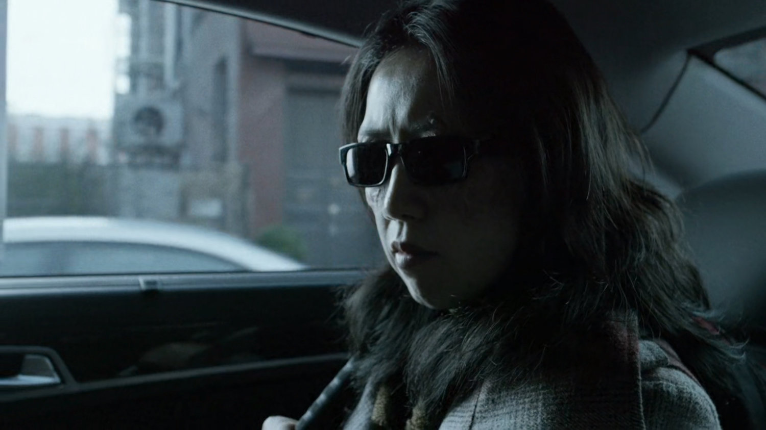 A blind courier in the back seat of a car.
