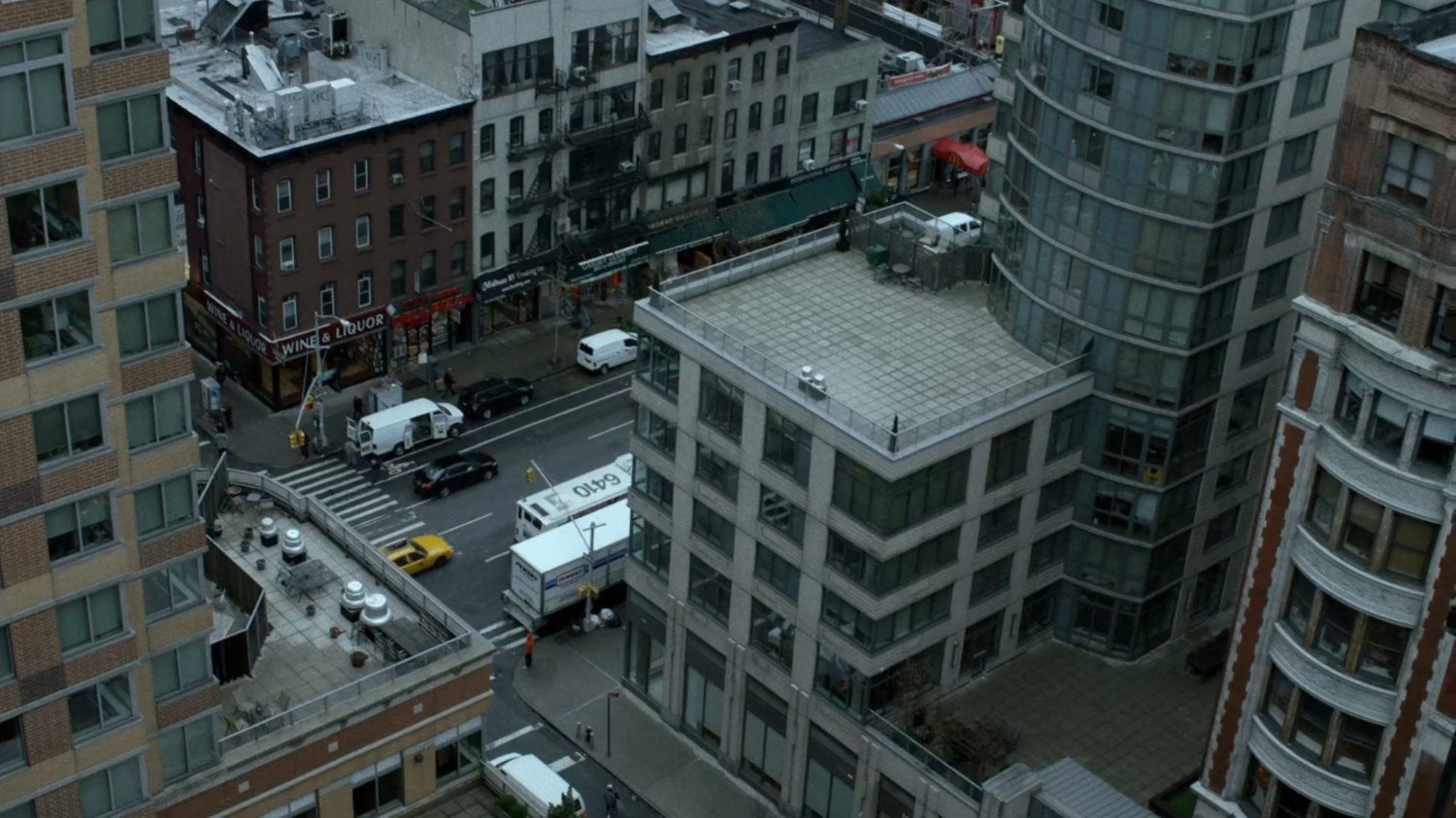 View of New York intersection from rooftop.