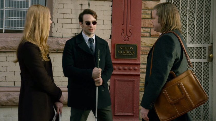 Karen, Matt and Foggy on sidewalk outside Nelson and Murdock office building.