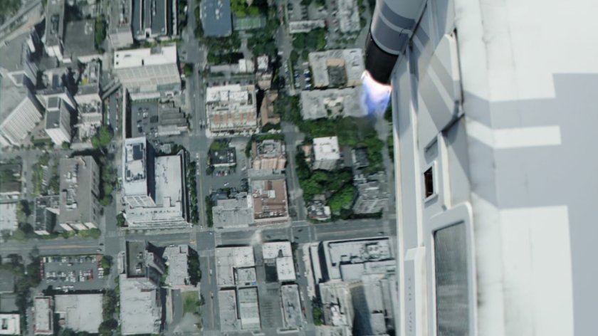 SHIELD containment module rockets upwards from Seattle neighborhood.