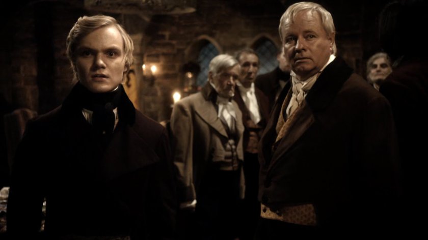 Several men in an old castle circa 1839.