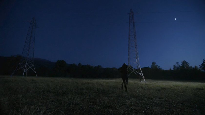 Lincoln running through a field near power lines.