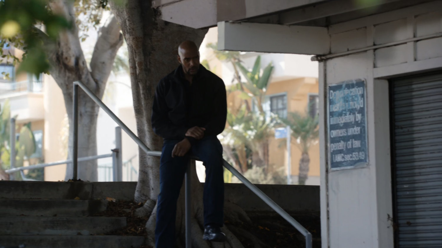 Mack sits on stair railing at a park.