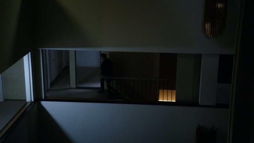 Lincoln walking on upper floor of Culver University Old Administration Building.