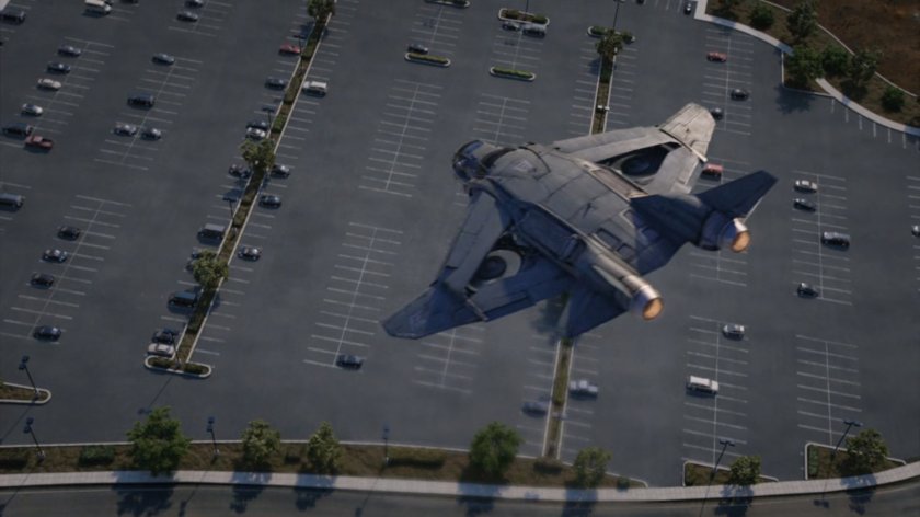 A quinjet over the ATCU parking lot.