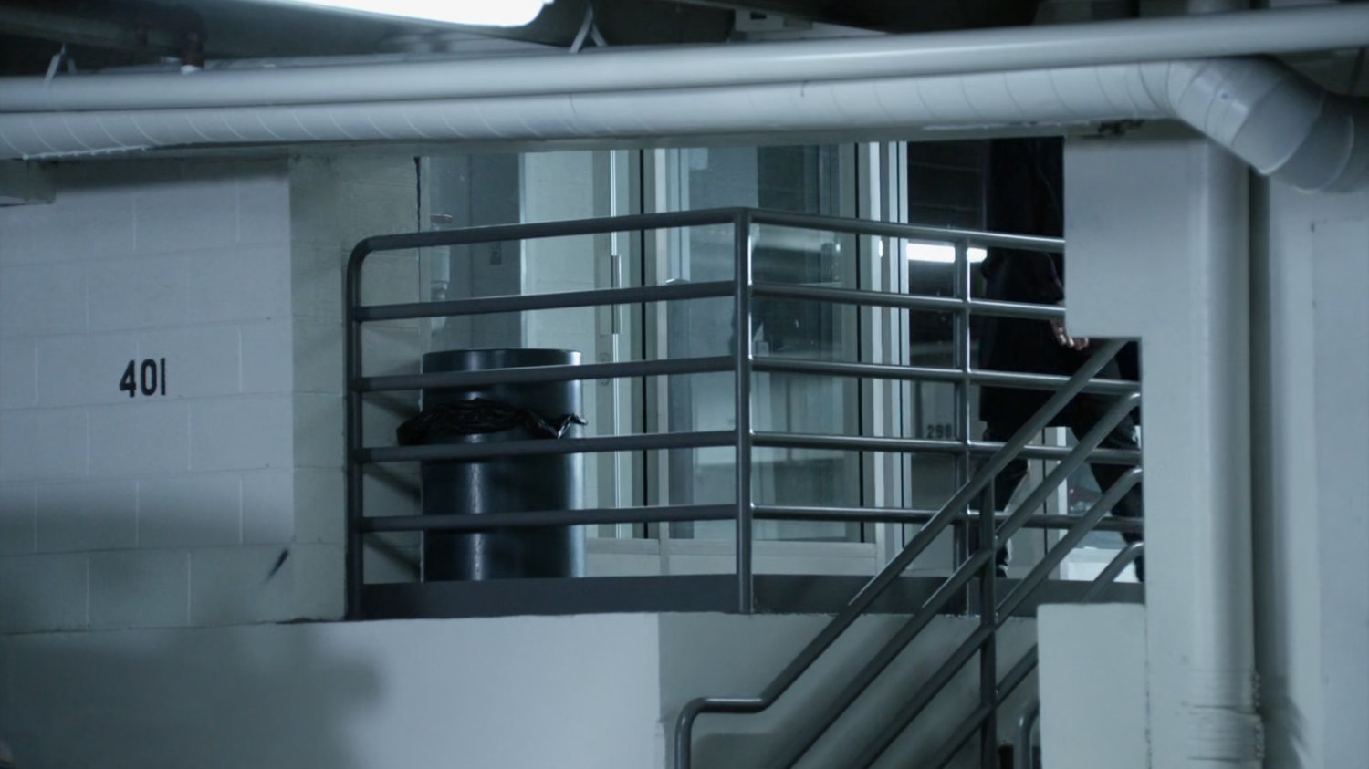 Stairs in parking garage.