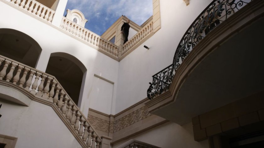 Bobbi climbs on ledge of Taiwanese mansion.