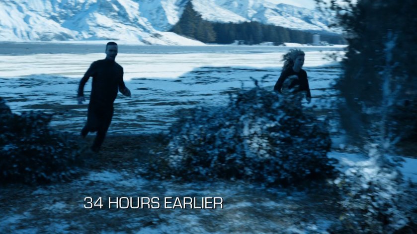 Hunter and Bobbi running into the snowy woods. Text: 34 hours earlier.