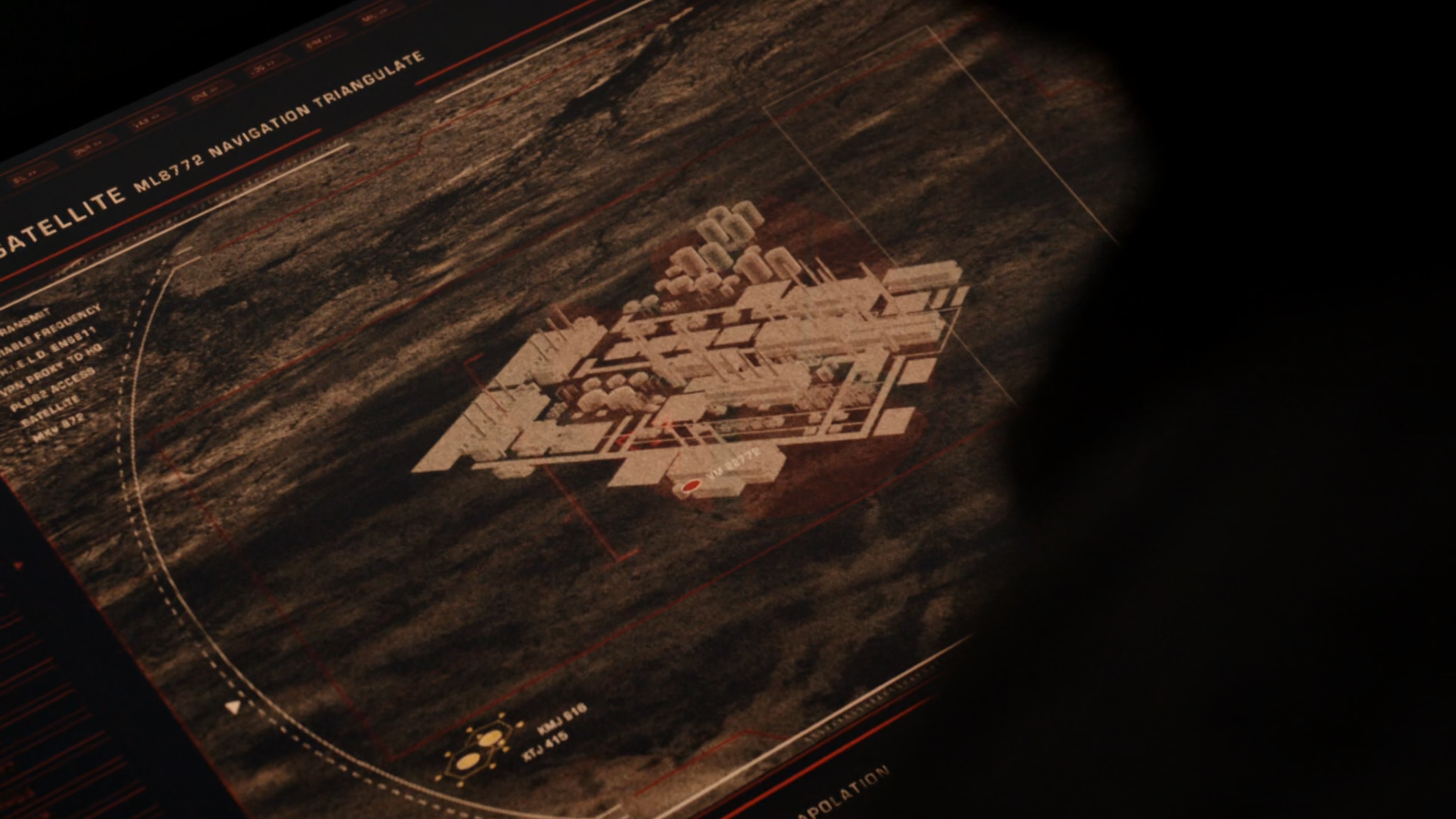 Computer screen with faux satellite view of Russian power plant.