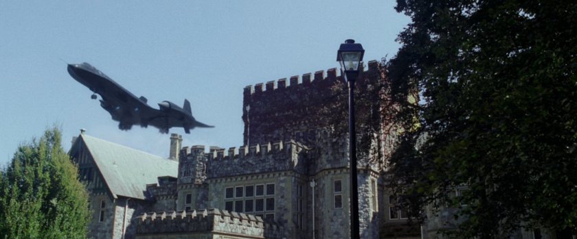 Blackbird airplane hovering over Xavier's Mansion.