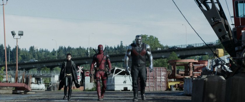 Colossus, Deadpool, and Negasonic Teenage Warhead entering scrap yard.