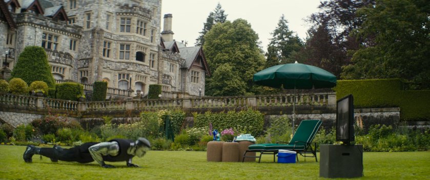 Colossus doing push-ups in the garden of the X-Mansion.