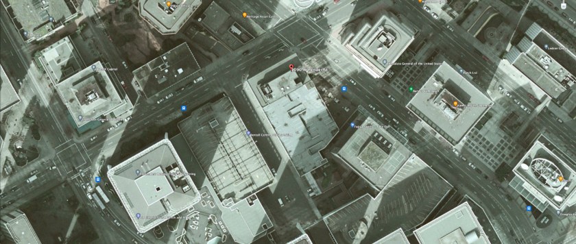 Satellite view of 1090 W Pender building, center, as it appeared around time of filming.