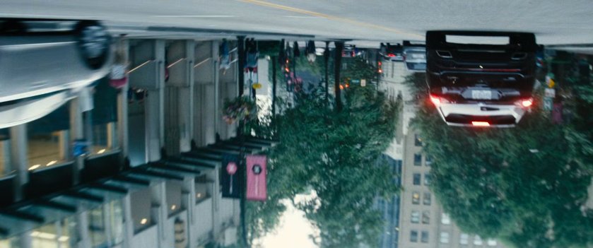 A POV from Deadpool of an upside down city street.