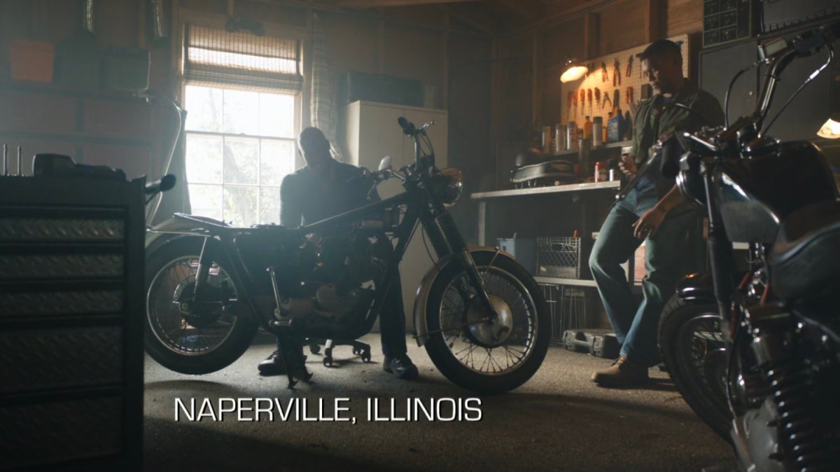 Mack and Ruben in their garage. Text:Naperville, Illinois.