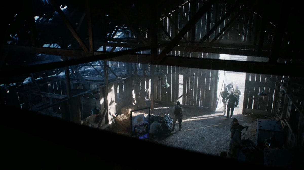 Interior of old barn with Watchdog group entering.