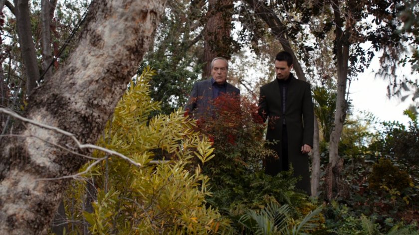 Hive and Gideon Malick standing near shrubs and trees.