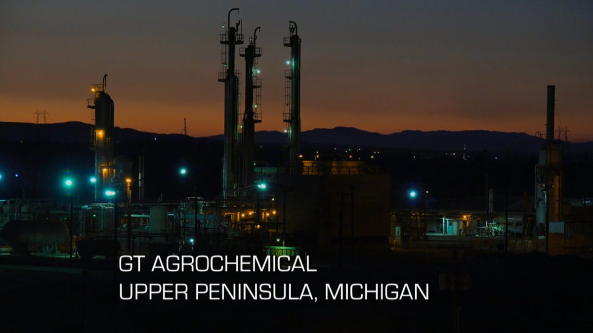 Dusk shot of GT AgroChemical. Text: GT AgroChemical, Upper Peninsula, Michigan.