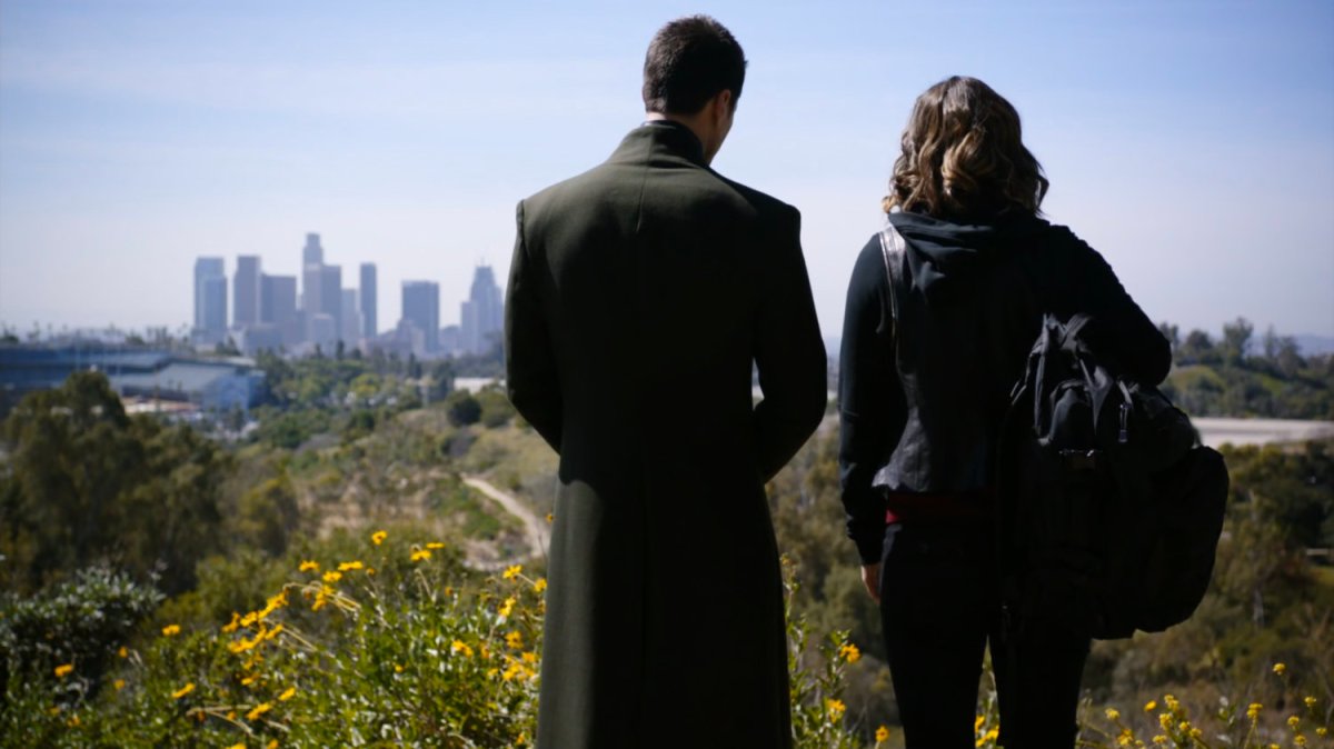 Hive and Daisy on hill overlooking downtown Los Angeles.