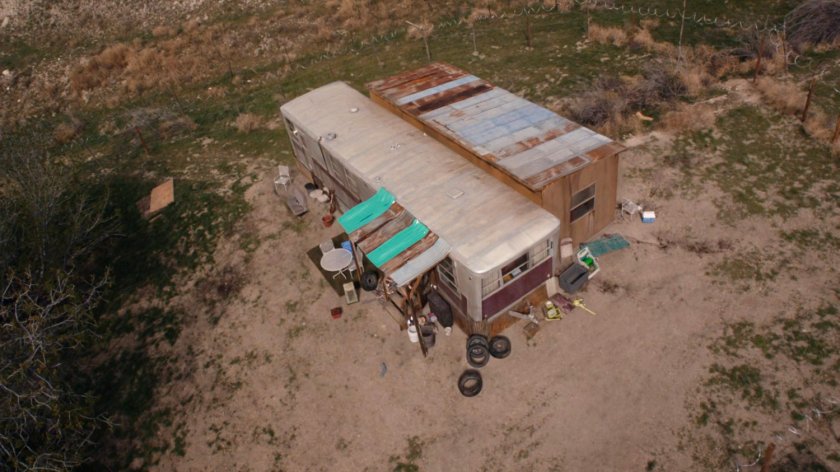 Aerial view above James' shack in the Badlands.