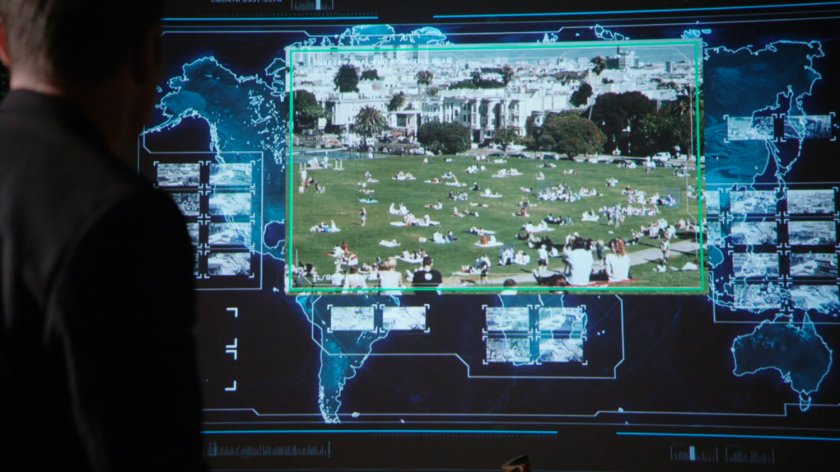 Surveillance screen tracking people around the Dolores Park in San Francisco.