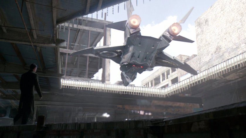 A quinjet flying into abandoned mall.