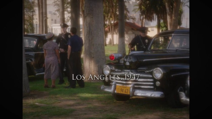 Police cars in Echo Park. Text: Los Angeles, 1947.