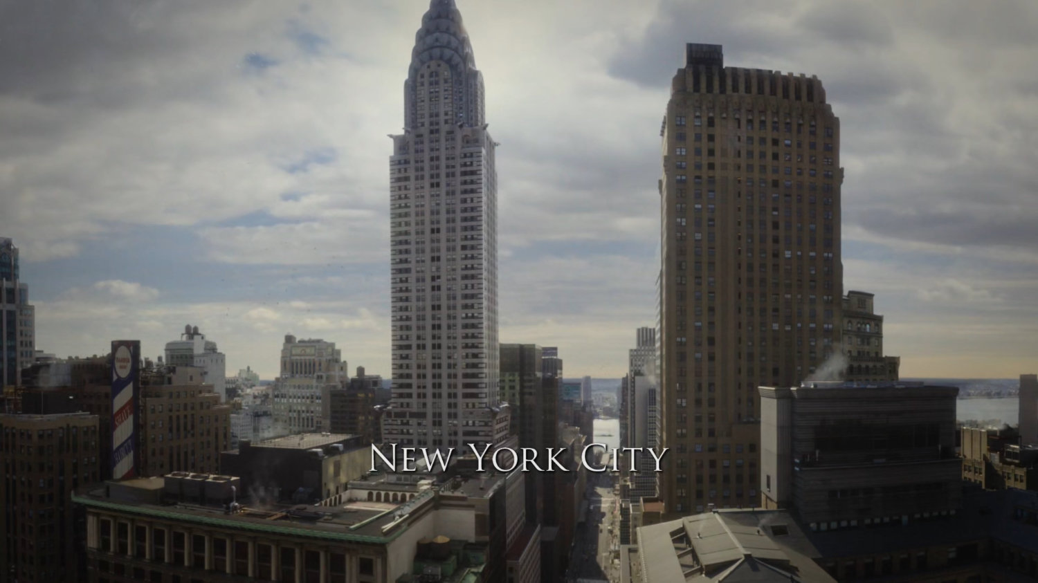 Establishing shot of New York City, 1947. Text: New York City.