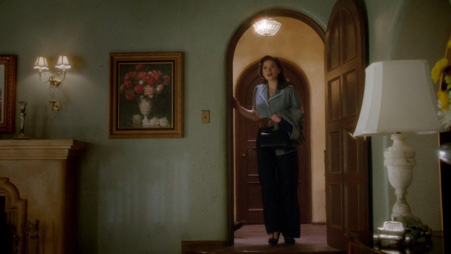Peggy n the doorway of the Jarvis residence.