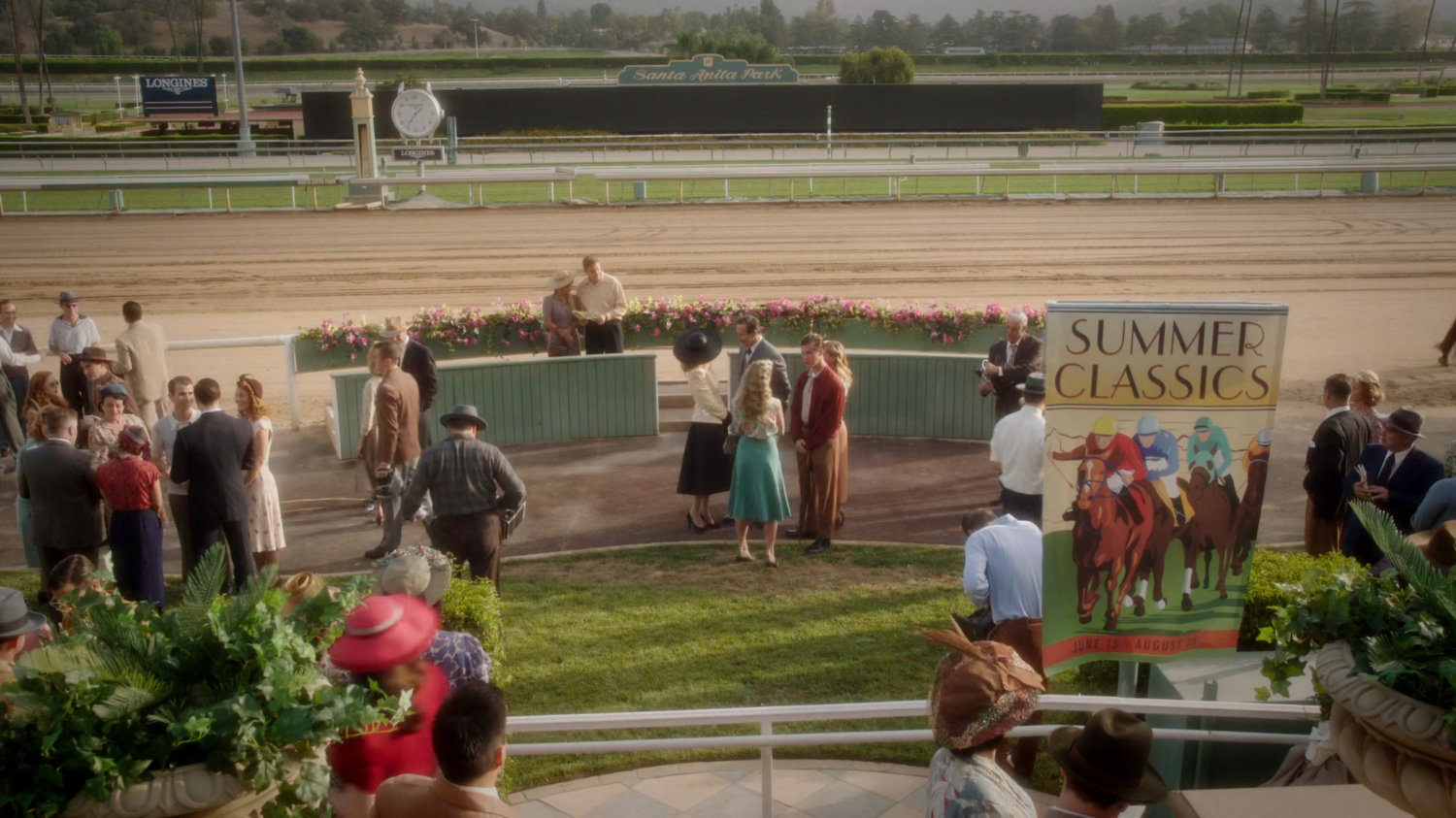 A crowd at Santa Anita racetrack.