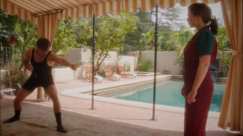 Peggy and Jarvis on the patio of Stark Mansion.