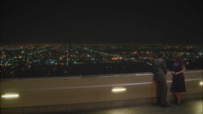 Jason and Peggy look over the light of LA from Griffith Observatory at night.