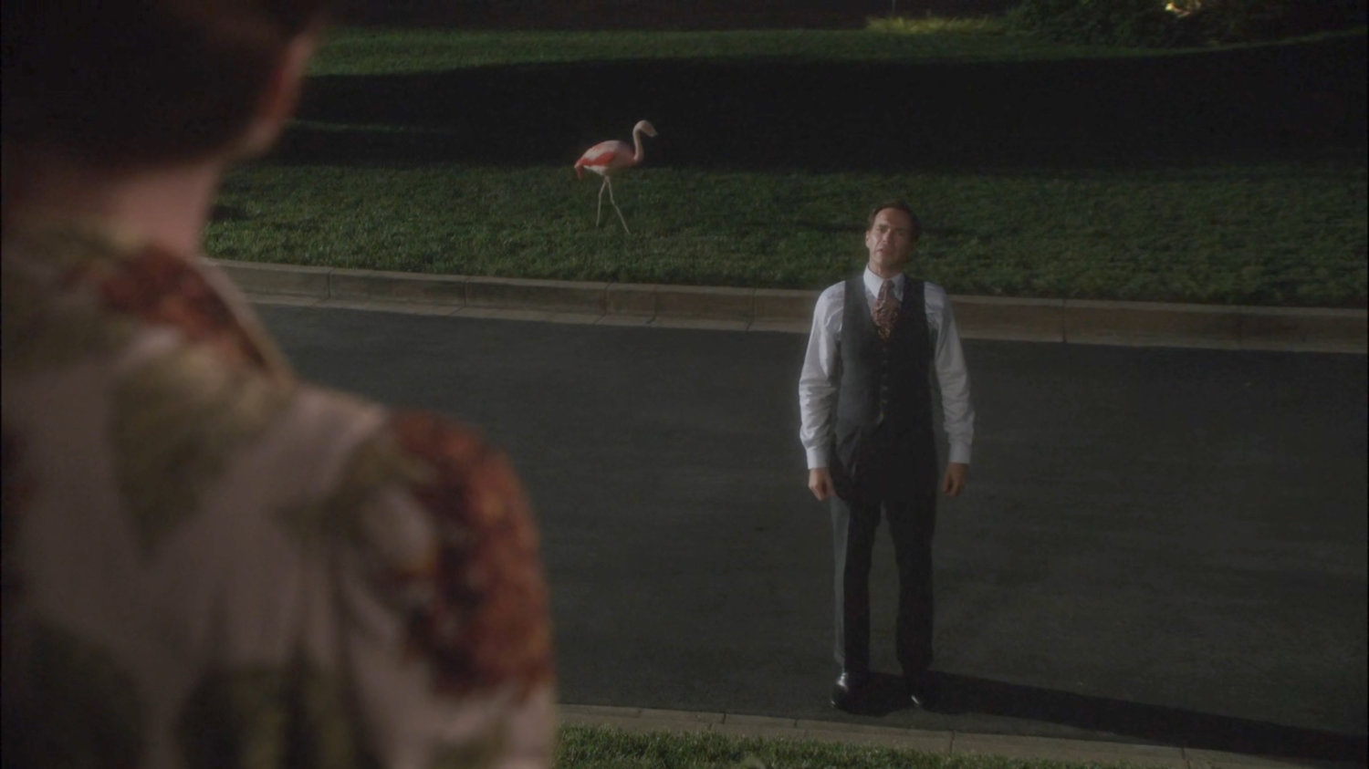 Jarvis in Stark Mansion driveway at night with flamingo.
