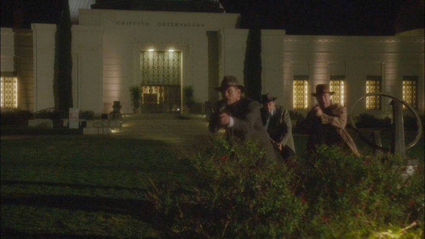 Hoodlums out front of Griffith Observatory at night.
