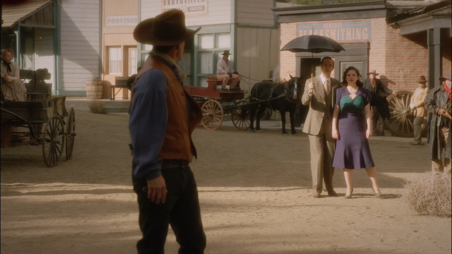 Peggy and Jarvis accidentally in a scene on a western set at Stark Pictures.