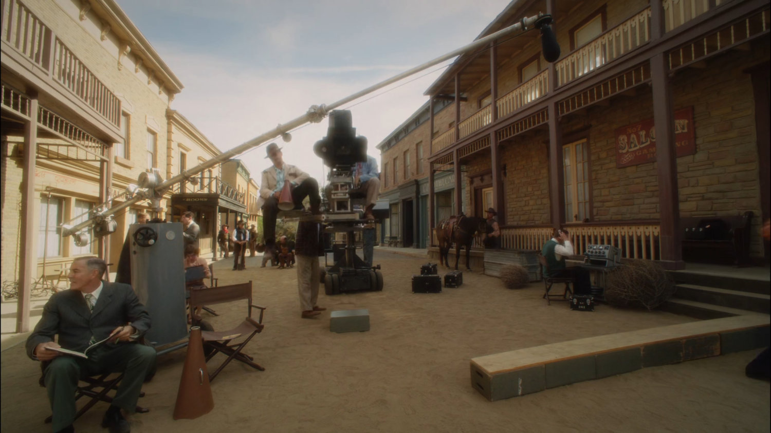 A film crew on a western set at Stark Pictures.